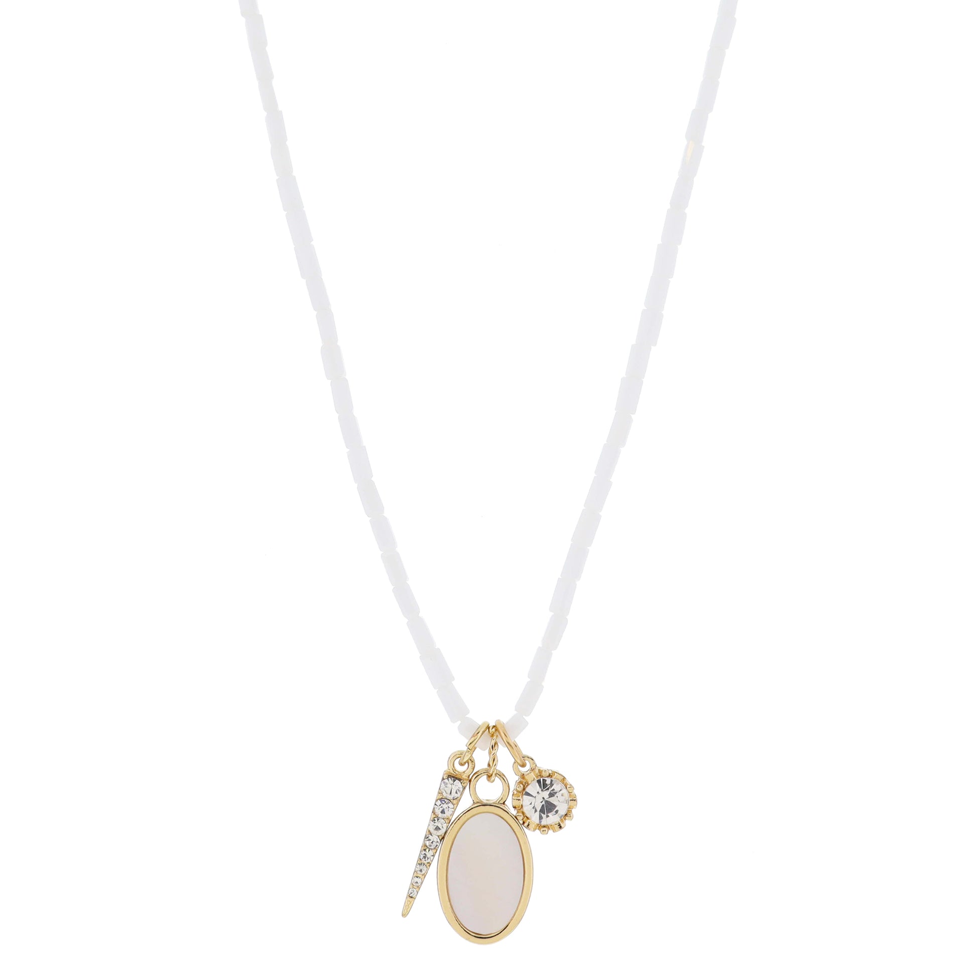 16" White Faceted Beaded & Crystal Spike, Shell Inlay, Crystal Necklace, .85", .75", .35" Pendant