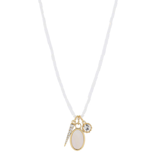 16" White Faceted Beaded & Crystal Spike, Shell Inlay, Crystal Necklace, .85", .75", .35" Pendant