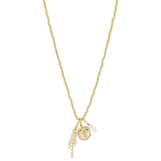 16" Gold Ball Beaded, Chain Tassel, Gold Hexagon, Cross, Pearl Duo Necklace, .85", .5",.25" Pendant