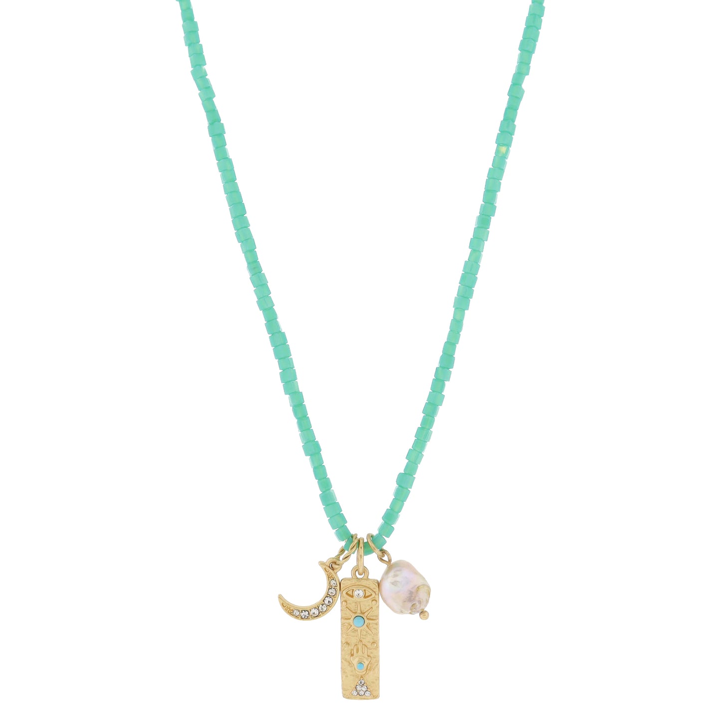 16" Turquoise Beaded & Crystal Moon, Grey Pearl Necklace, .5", .85", .35" Pendant