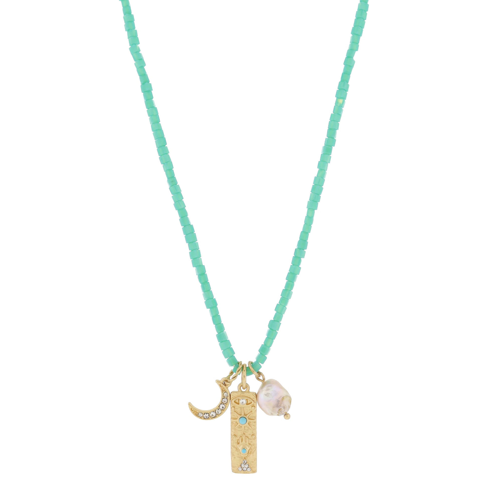 16" Turquoise Beaded & Crystal Moon, Grey Pearl Necklace, .5", .85", .35" Pendant