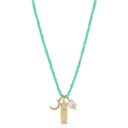 16" Turquoise Beaded & Crystal Moon, Grey Pearl Necklace, .5", .85", .35" Pendant