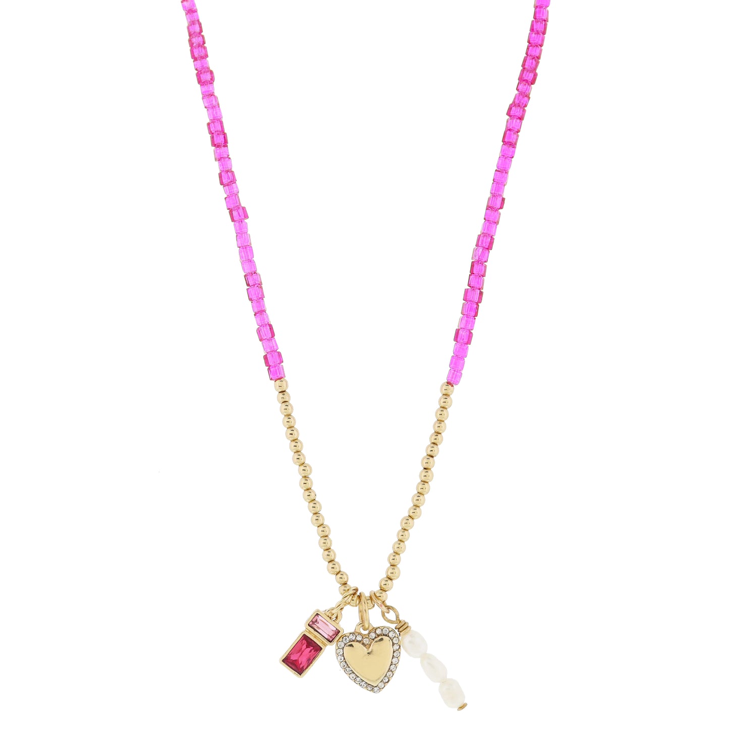 16" Pink Square, Gold Ball Beaded, Pink Crystals, Heart, Pearl Trio Necklace, .5", .5",.75" Pendant