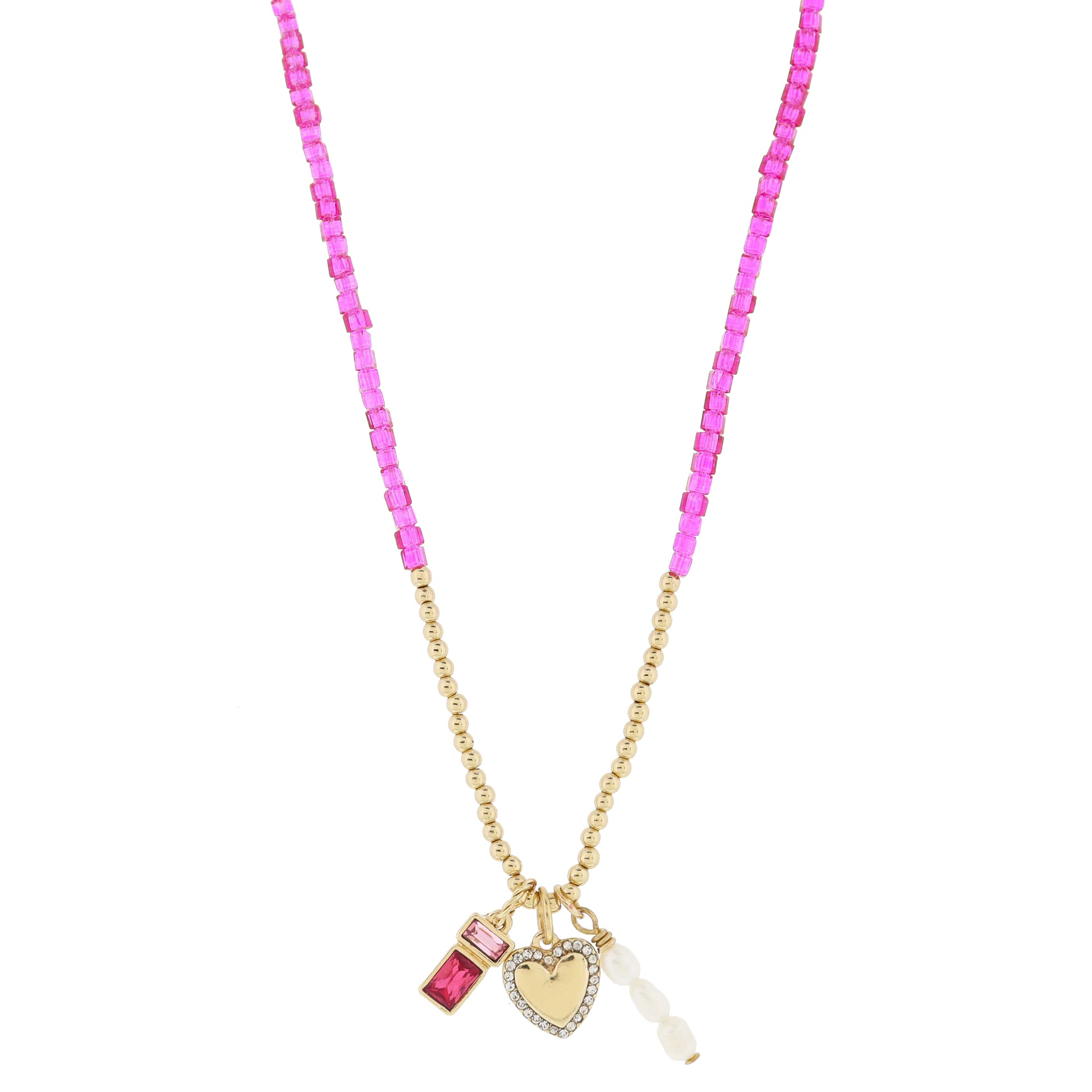 16" Pink Square, Gold Ball Beaded, Pink Crystals, Heart, Pearl Trio Necklace, .5", .5",.75" Pendant
