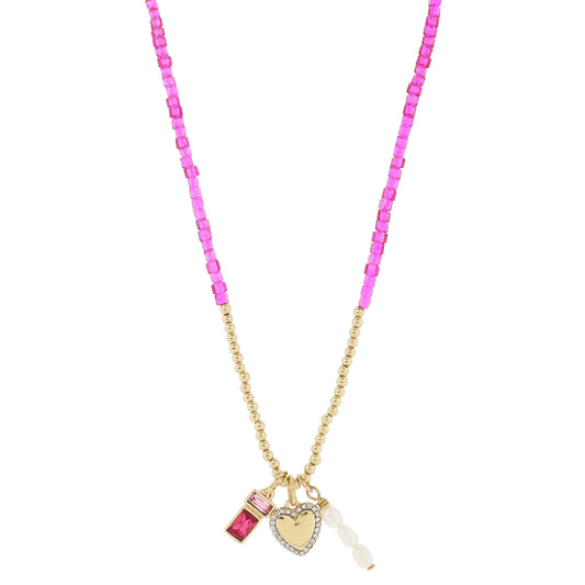 16" Pink Square, Gold Ball Beaded, Pink Crystals, Heart, Pearl Trio Necklace, .5", .5",.75" Pendant