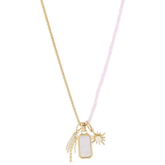 16" Gold Wheat Chain & Pink Beaded, Gold Chain Tassel, Starburst Necklace, .85", .85", .65" Pendant