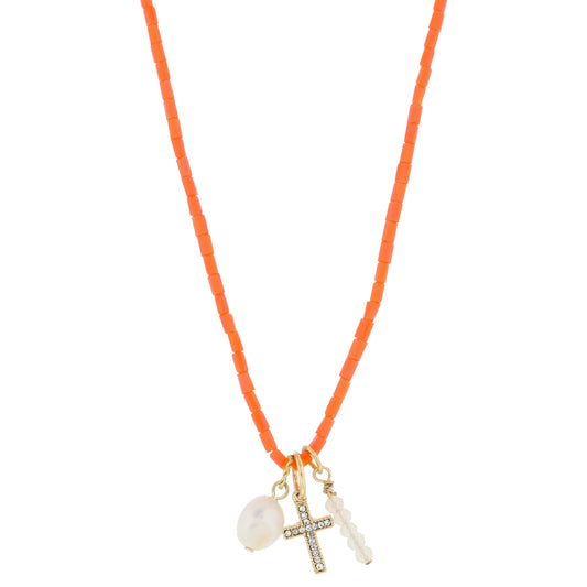 16" Coral Recangle Beaded and Pearl, Crystal Cross, Moonstone Bar Necklace, .5", .65", .75" Pendant
