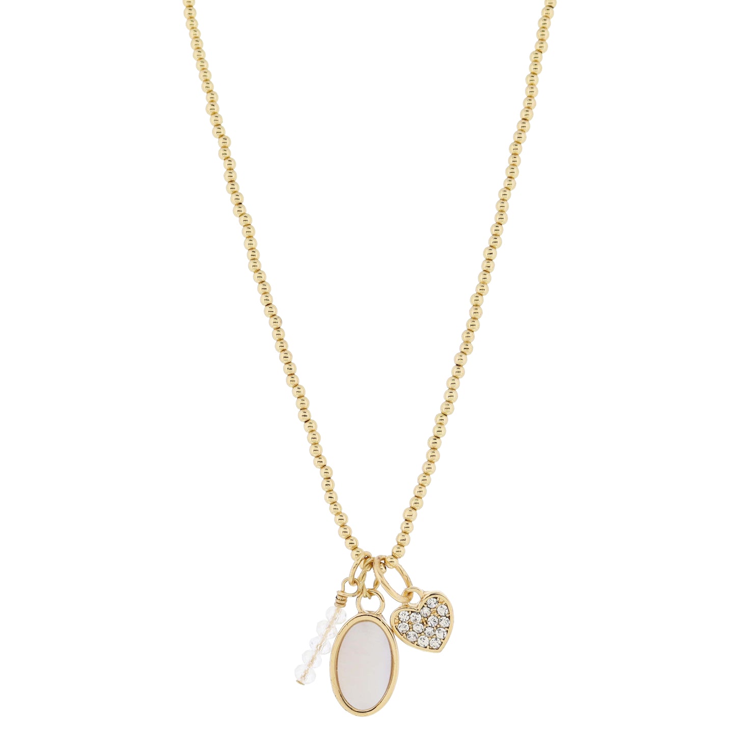 16" Gold Ball Beaded Bar, Shell Inlay Oval, Crystal Pave Heart Necklace, .75", .75", .5" Pendant
