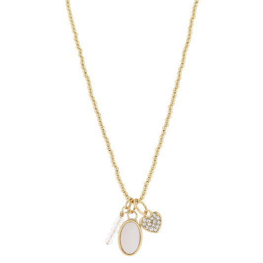 16" Gold Ball Beaded Bar, Shell Inlay Oval, Crystal Pave Heart Necklace, .75", .75", .5" Pendant