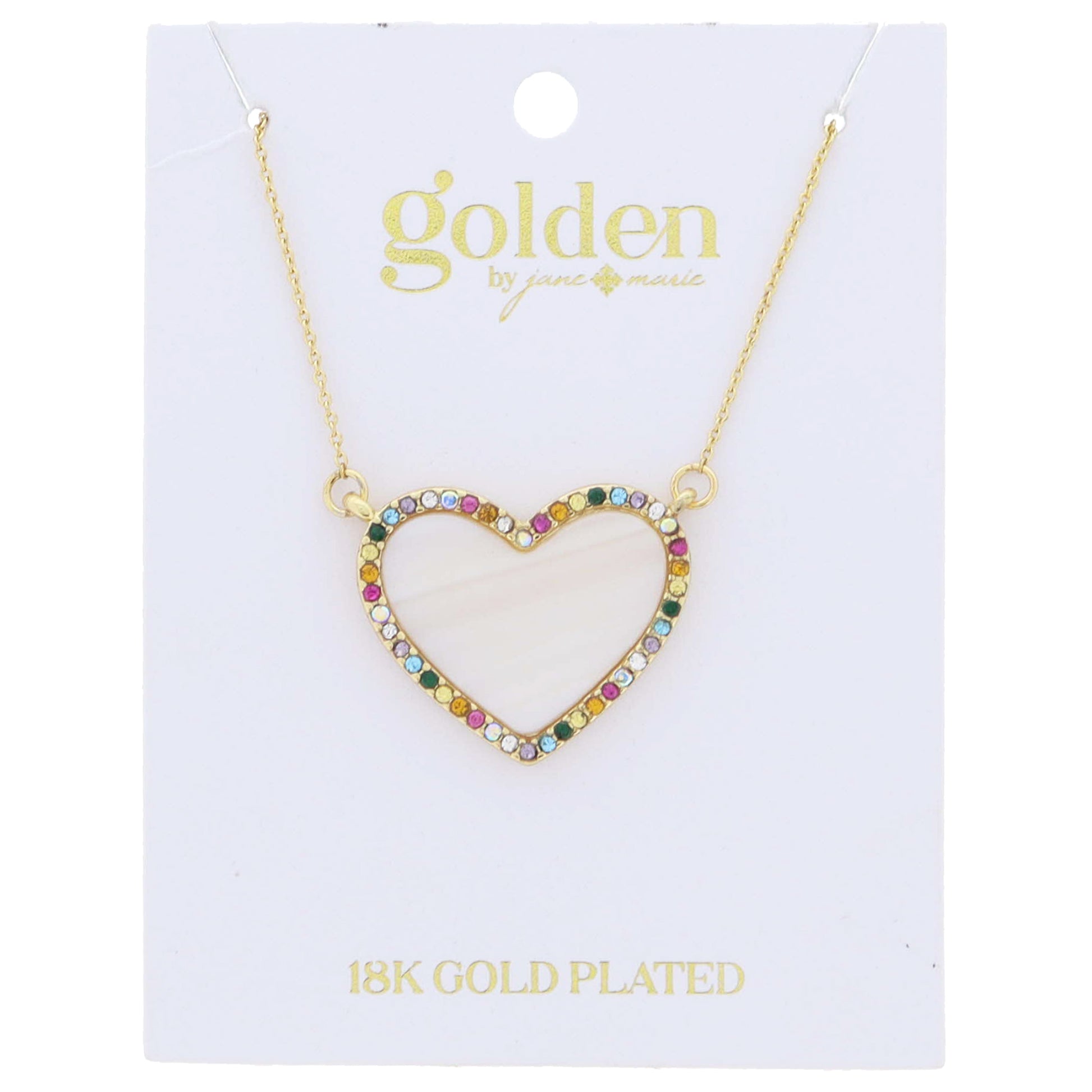 18K Gold Plated Shell Inlay Heart with Multi Mini Crystal Edge Necklace .85" Pendant