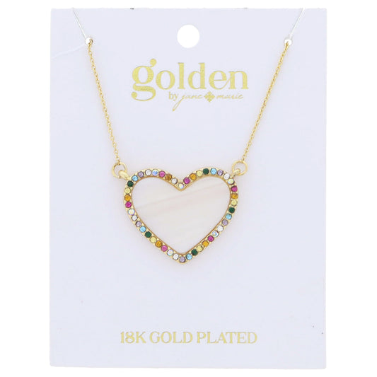 18K Gold Plated Shell Inlay Heart with Multi Mini Crystal Edge Necklace .85" Pendant