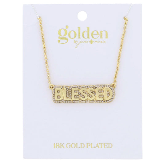 18K Gold Plated "BLESSED" with Mini Moonstone Crystal Outline Necklace .35" Pendant