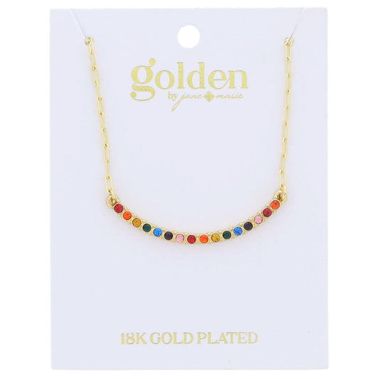 18K Gold Plated Multi Crystal Curved Bar Necklace .15" Pendant