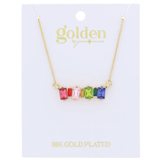 18K Gold Plated Multi Rectangle and Small Baguette Crystals Bar Necklace .25" Pendant