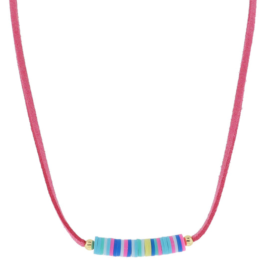 Kids Pink Suede with Mint, Pink, Light Blue, Blue, Yellow Rubber Sequin Necklace, .25" Pendant