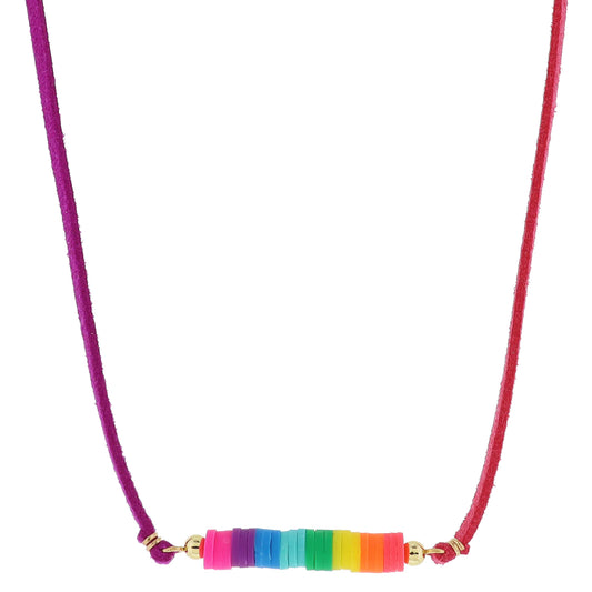 Kids Half Magenta, Half Coral Suede with Colorblock Rubber Sequin Portion Necklace, .25" Pendant