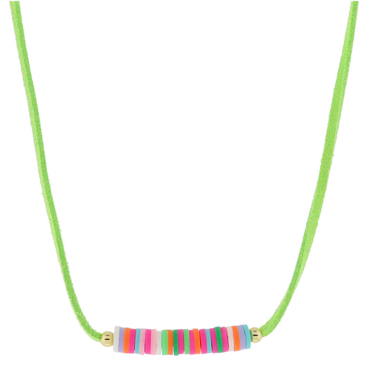 Kids Lime Green Suede with Pink, Orange, Green, White, Mint Rubber Sequins Necklace, .25" Pendant