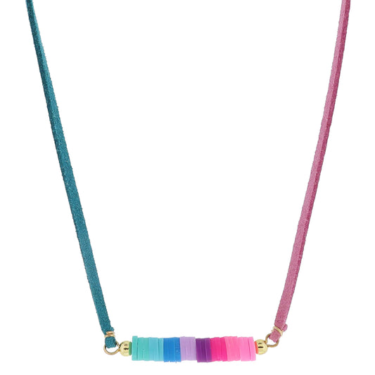 Kids Half Teal, Half Dusty Pink Suede with Mint, Purple, Pink Rubber Sequins Necklace, .25" Pendant