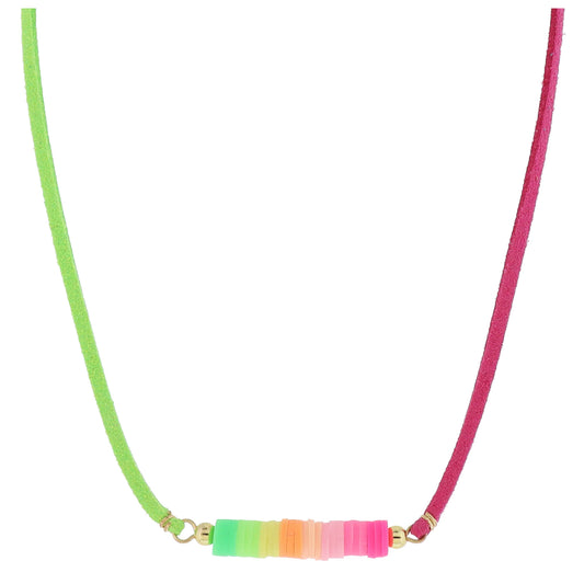 Kids Half Lime Green, Half Pink Suede with Green, Orange, Pink RubberSequins Necklace, .25" Pendant