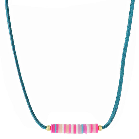 Kids Teal Suede with Multi Pink, Peach, Teal, White, Lavender Rubber Sequins Necklace, .25" Pendant