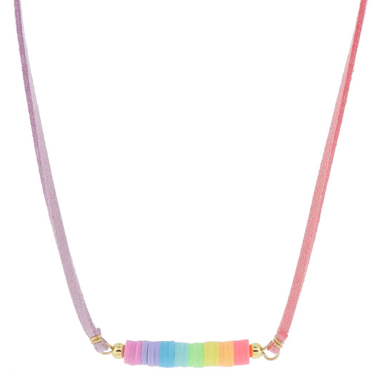 Kids Half Purple, Half Pink Suede with Pastel Colorblock Rubber Sequins Necklace, .25" Pendant