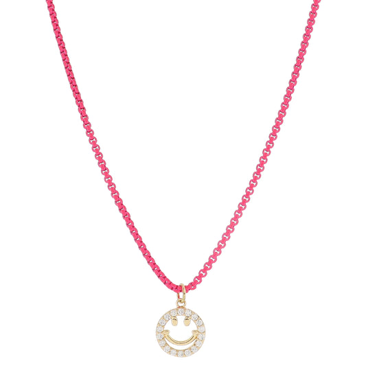 Kids Hot Pink Box Chain with Crystal Outline Cut Out Happy Face Necklace, .5" Pendant