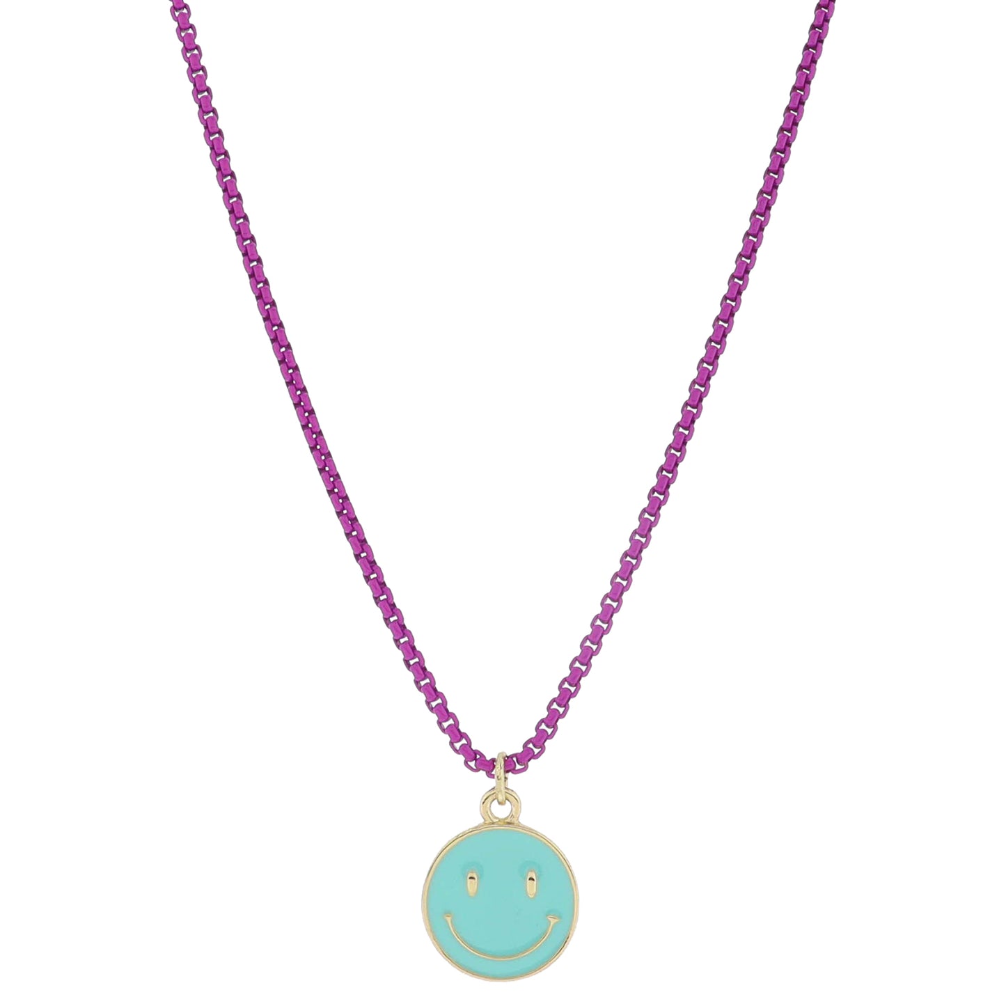 Kids Magenta Box Chain with Turquoise Enamel Happy Face Disc Necklace, .65" Pendant