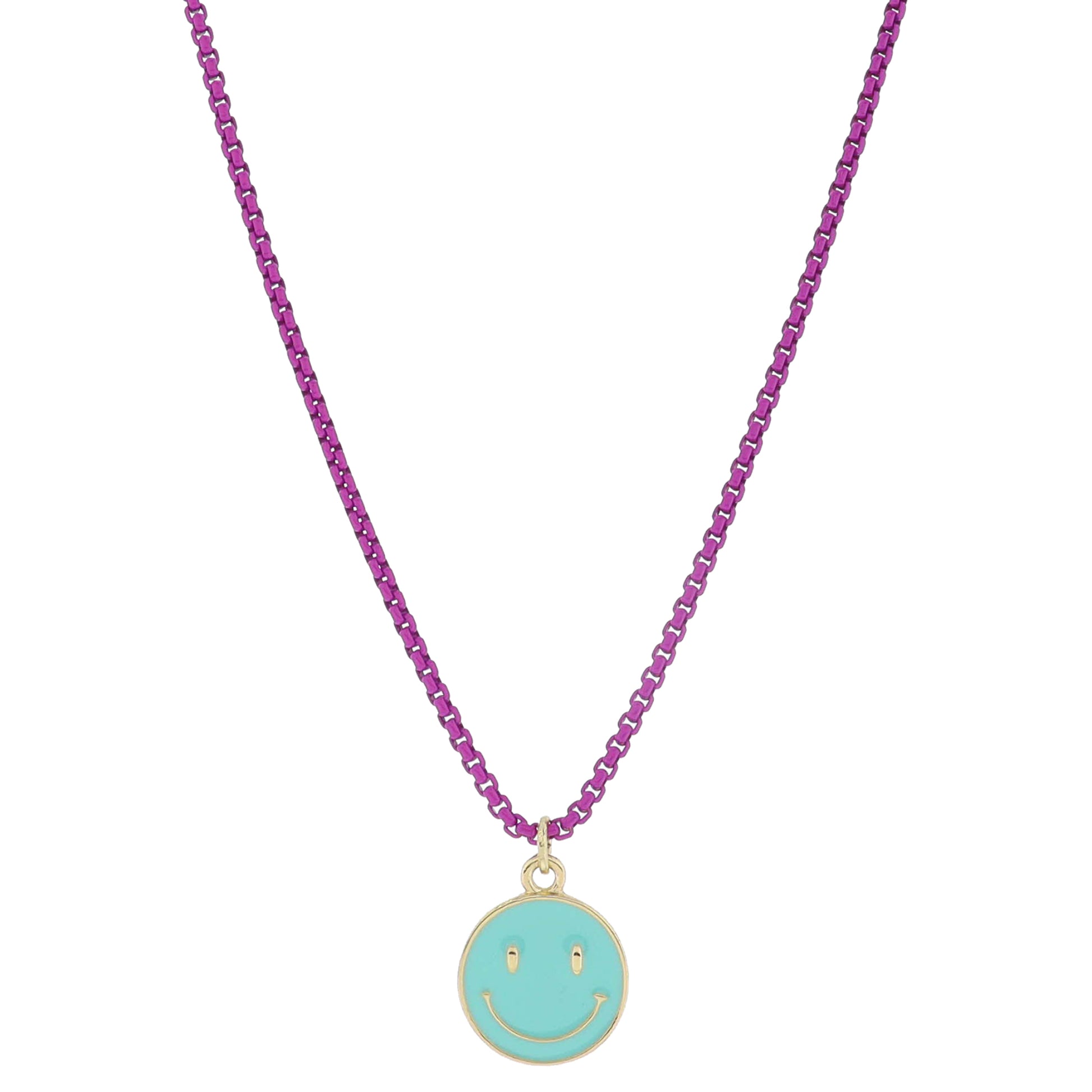 Kids Magenta Box Chain with Turquoise Enamel Happy Face Disc Necklace, .65" Pendant