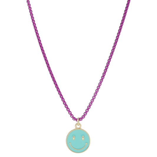 Kids Magenta Box Chain with Turquoise Enamel Happy Face Disc Necklace, .65" Pendant
