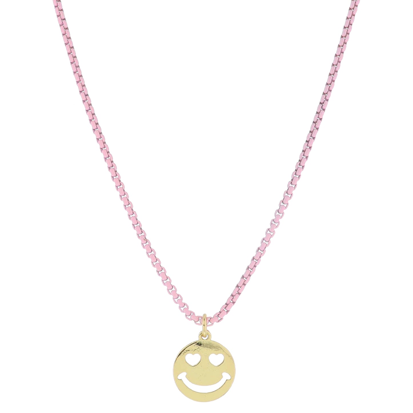 Kids Light Pink Box Chain with Gold Heart Eye Cut Out Happy Face Disc Necklace, .5" Pendant