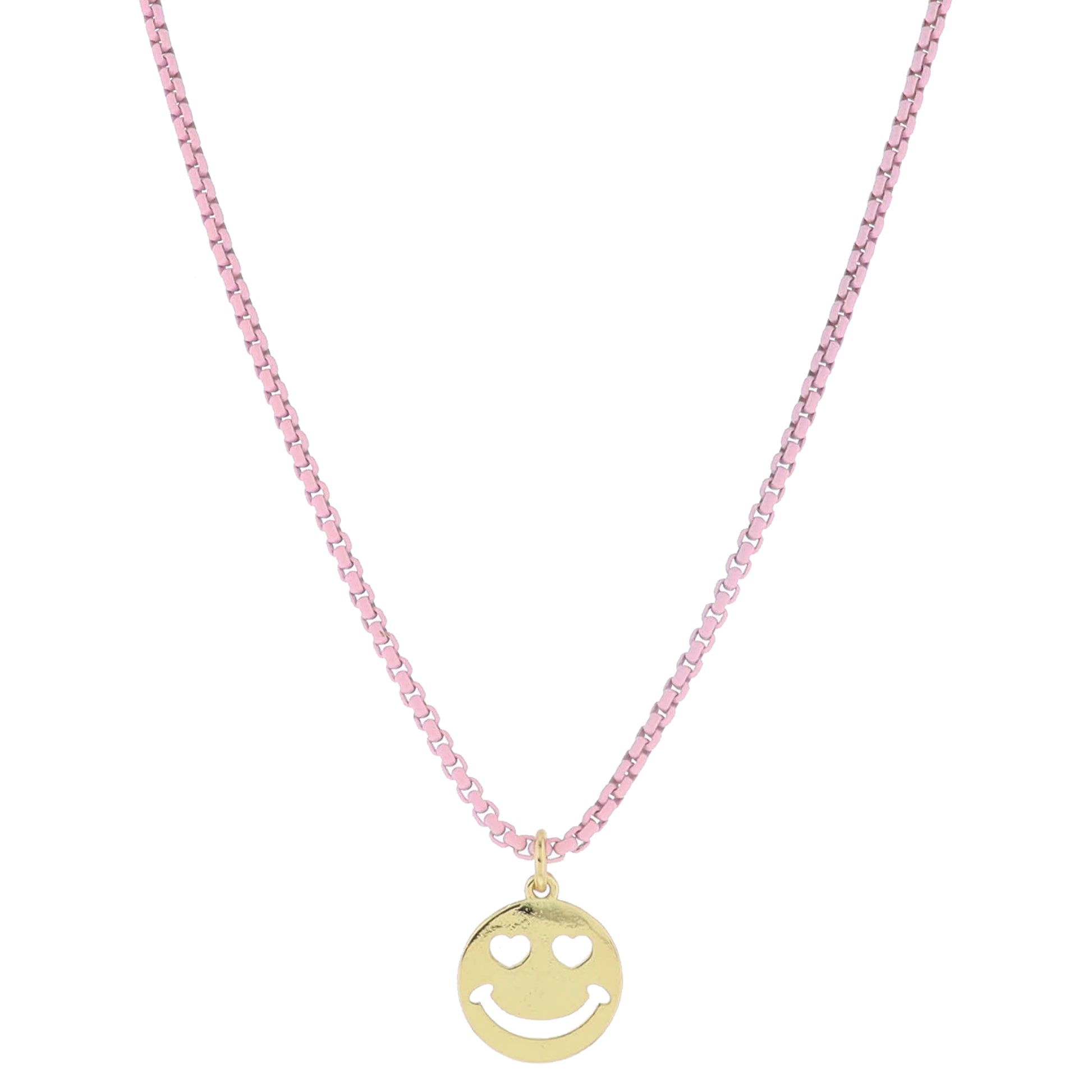 Kids Light Pink Box Chain with Gold Heart Eye Cut Out Happy Face Disc Necklace, .5" Pendant