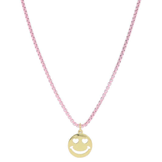 Kids Light Pink Box Chain with Gold Heart Eye Cut Out Happy Face Disc Necklace, .5" Pendant