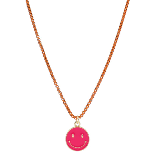 Kids Orange Box Chain with Hot Pink Enamel Happy Face Disc Necklace, .65" Pendant