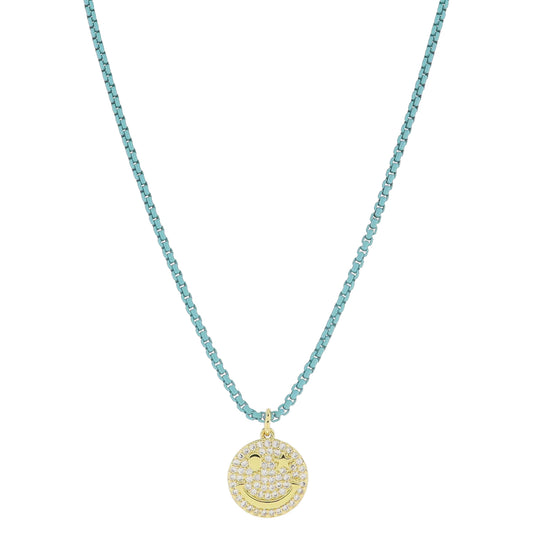 Kids Turquoise Box Chain with Crystal Pave Star Eye Happy Face Disc Necklace, .65" Pendant