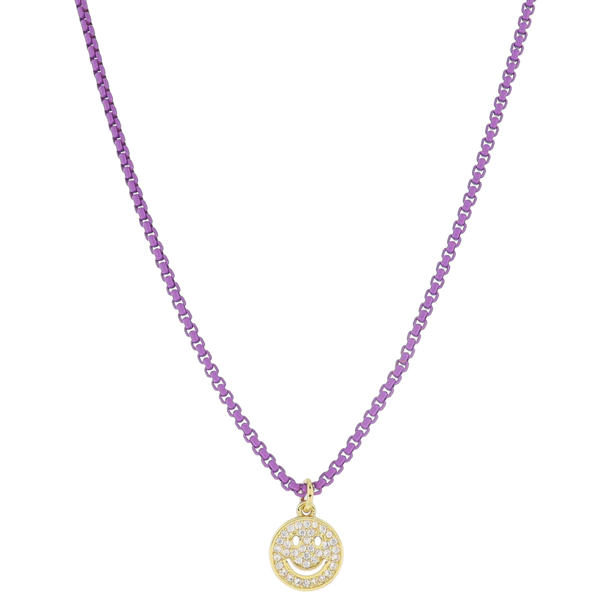Kids Lavender Box Chain with Small Crystal Cut Out Pave Happy Face Disc Necklace, .35" Pendant