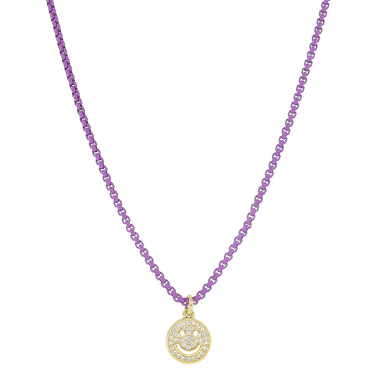 Kids Lavender Box Chain with Small Crystal Cut Out Pave Happy Face Disc Necklace, .35" Pendant