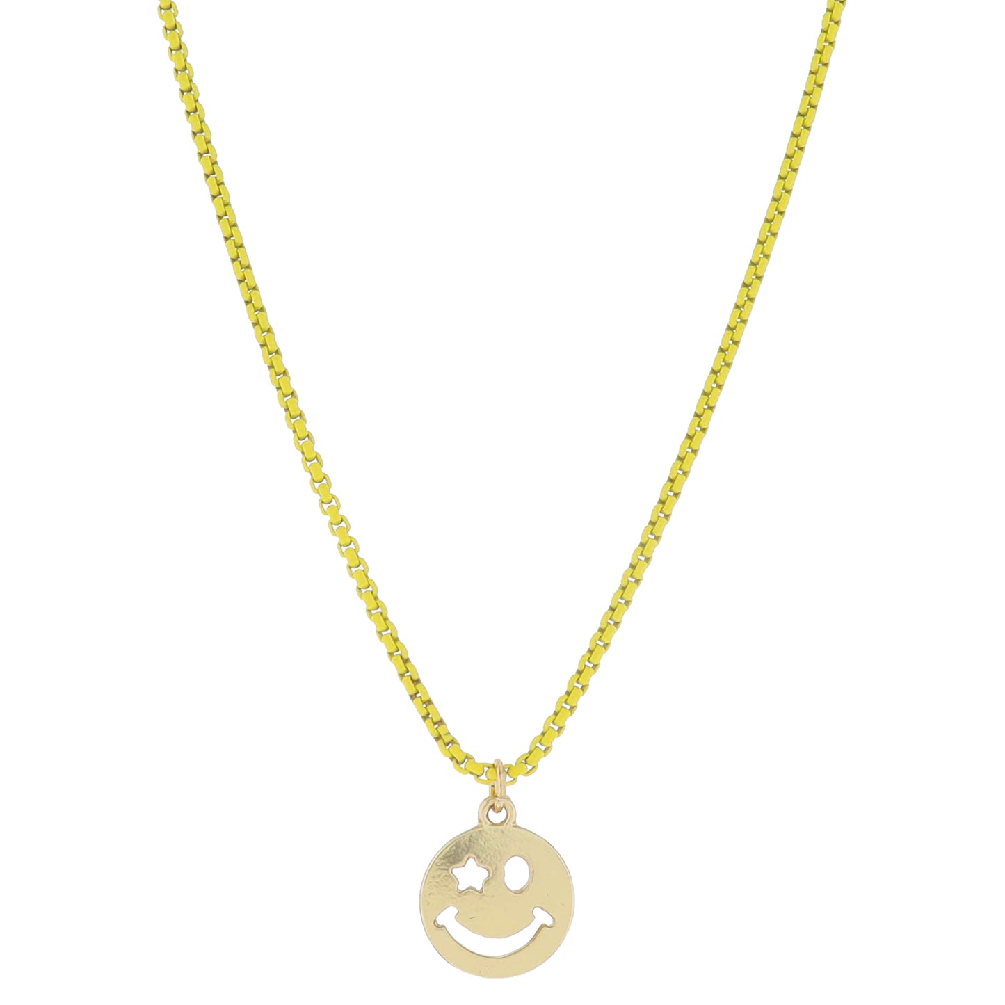 Kids Yellow Box Chain with Gold Star Eye Cut Out Happy Face Disc Necklace, .65" Pendant