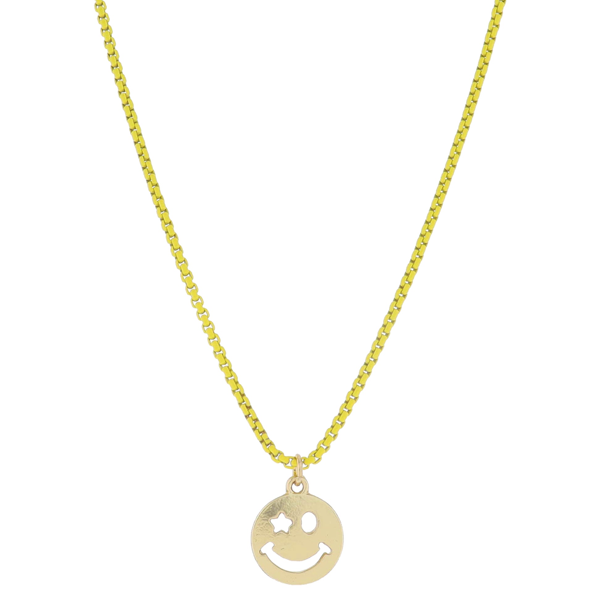 Kids Yellow Box Chain with Gold Star Eye Cut Out Happy Face Disc Necklace, .65" Pendant