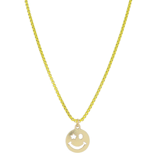 Kids Yellow Box Chain with Gold Star Eye Cut Out Happy Face Disc Necklace, .65" Pendant