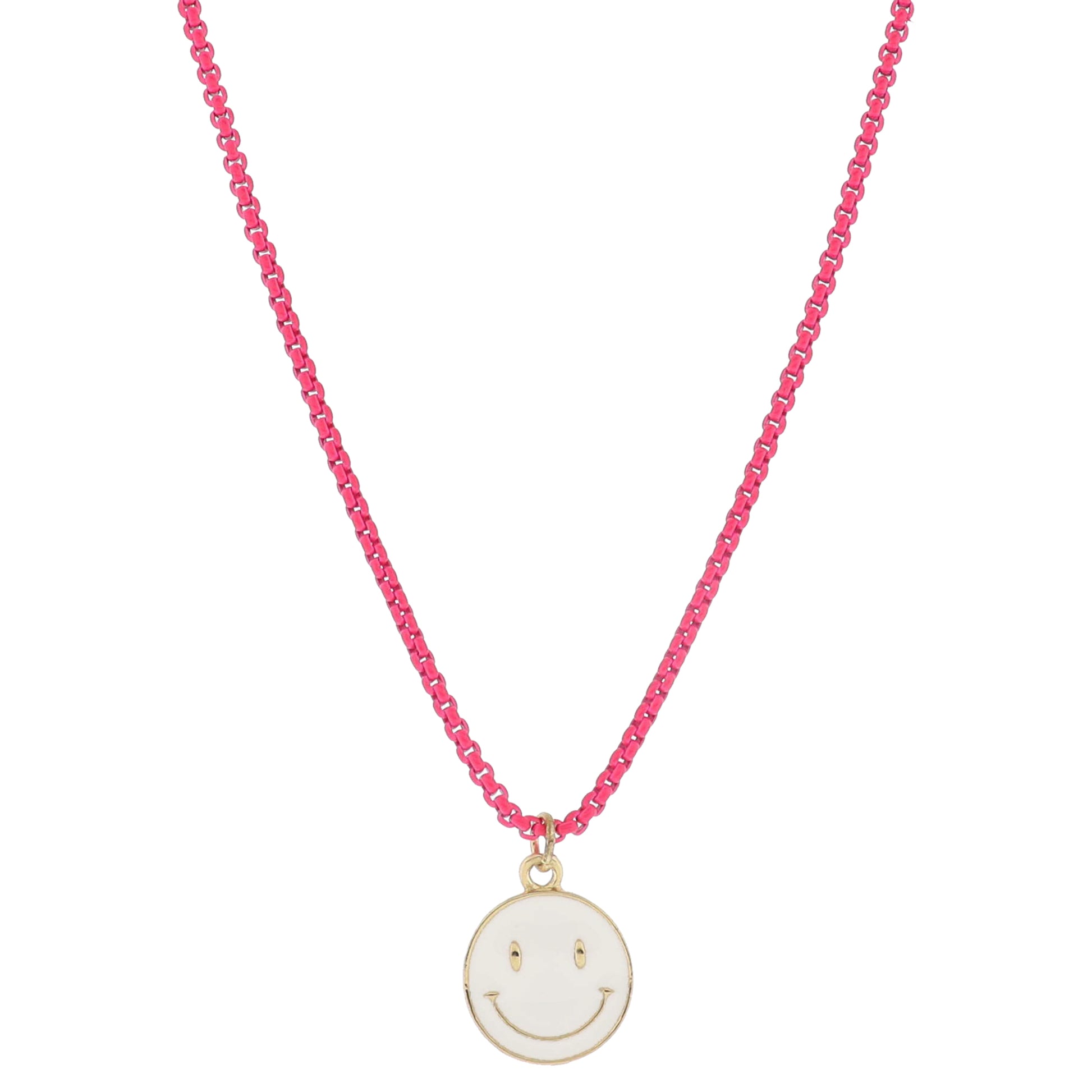 Kids Hot Pink Box Chain with White Enamel Happy Face Disc Necklace, .65" Pendant