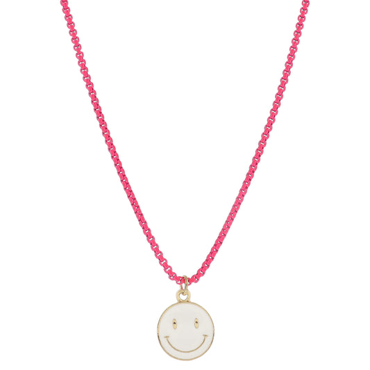 Kids Hot Pink Box Chain with White Enamel Happy Face Disc Necklace, .65" Pendant