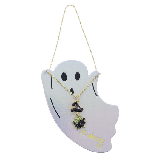 Kids Black Glitter with Crystal Witch Hat, Green Crystal, Cauldron Dangle Necklace, .85" Pendants