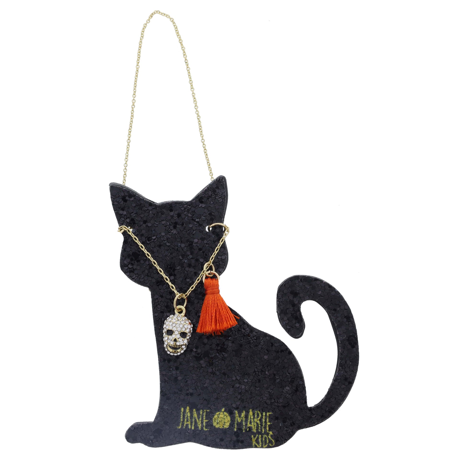 Kids Pave Crystal & Black Skull with Mini Orange Tassel Accent Necklace, .5", .65" Pendants