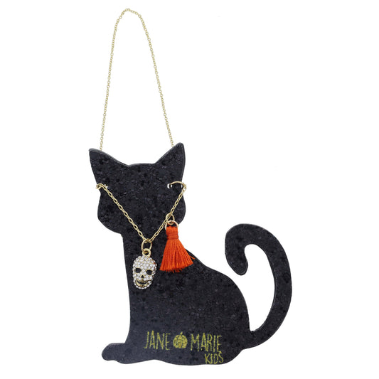 Kids Pave Crystal & Black Skull with Mini Orange Tassel Accent Necklace, .5", .65" Pendants