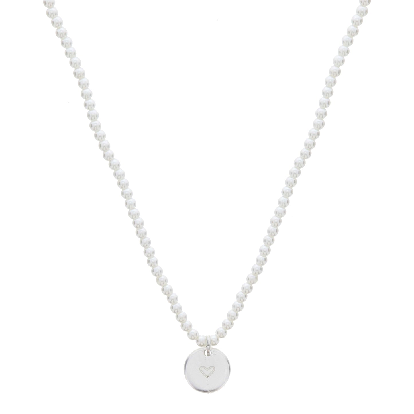 Kids 14" Pearl Beaded with Silver Heart Stamped Disc Necklace, 3" Ext