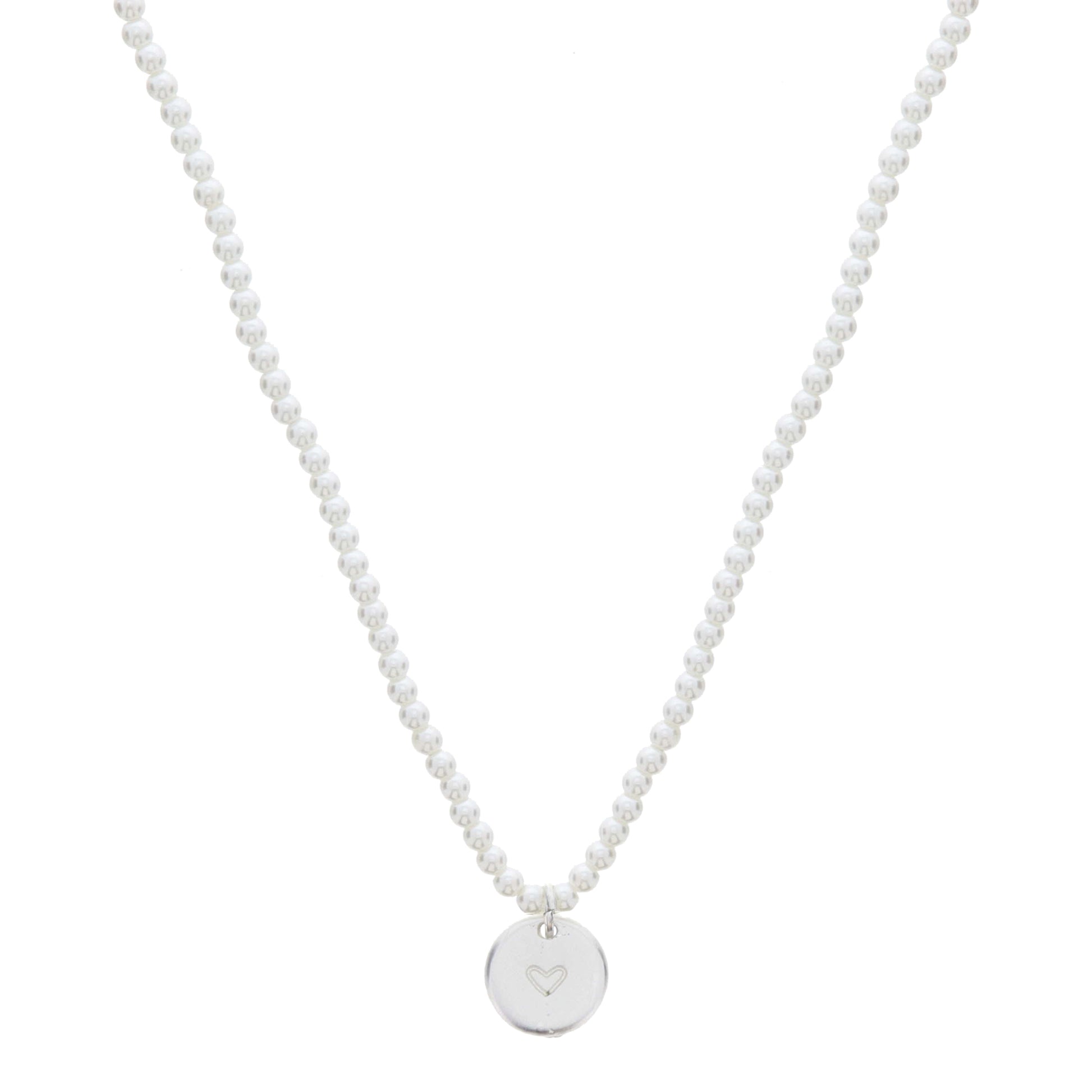 Kids 14" Pearl Beaded with Silver Heart Stamped Disc Necklace, 3" Ext