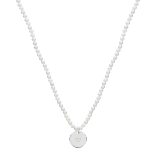 Kids 14" Pearl Beaded with Silver Heart Stamped Disc Necklace, 3" Ext