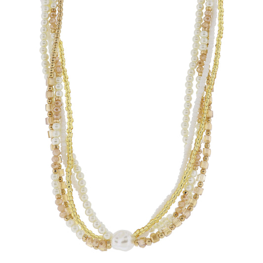 16" 5 Strand Coodinating Pearl, Champagne, Gold Beaded with Chunky Center Pearl Necklace, 3" Ext