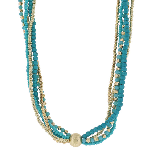 16" 5 Strand Coordinating Turquoise & Gold Beaded with Chunky Center Gold Ball Necklace, 3" Ext