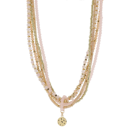 16" 5 Strand Coordinating Rose, Soft Pink, Gold Beaded with Beaded Ring & Disc Necklace, 3" Ext